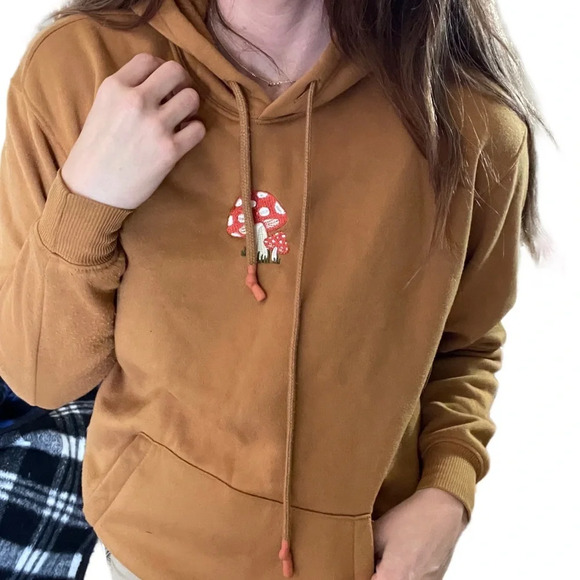 Magic mushroom minimalist copper brown tan hooded hoodie sweatshirt Sz xs - Picture 1 of 10